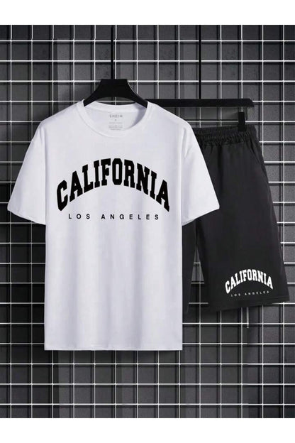 Erkek Siyah CALİFORNİA Baskılı Oversize T-shirt Şort TAKIMI