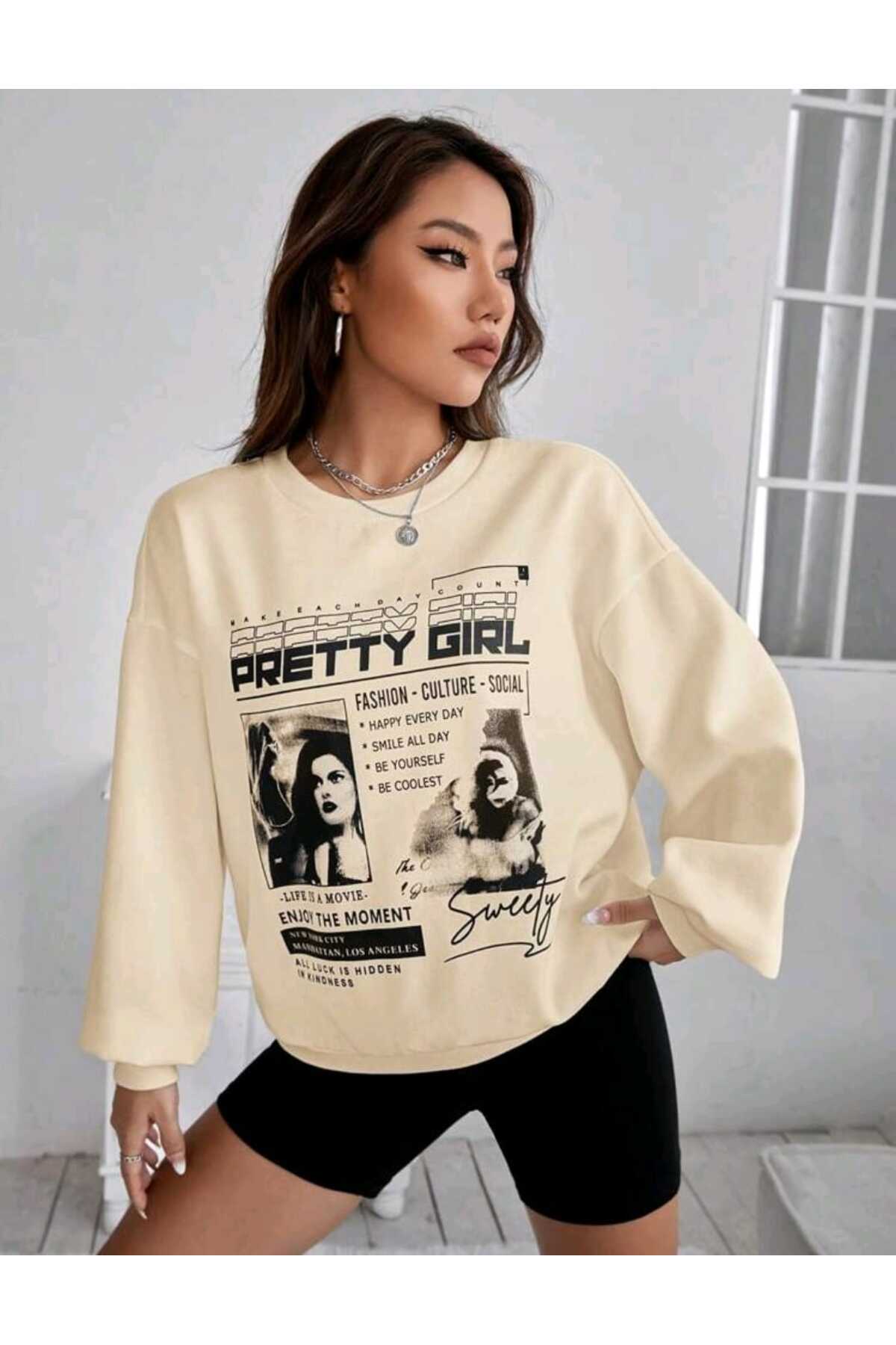 PRETTY GIRL Baskılı Süper Kalite Bisiklet Yaka Sweatshirt