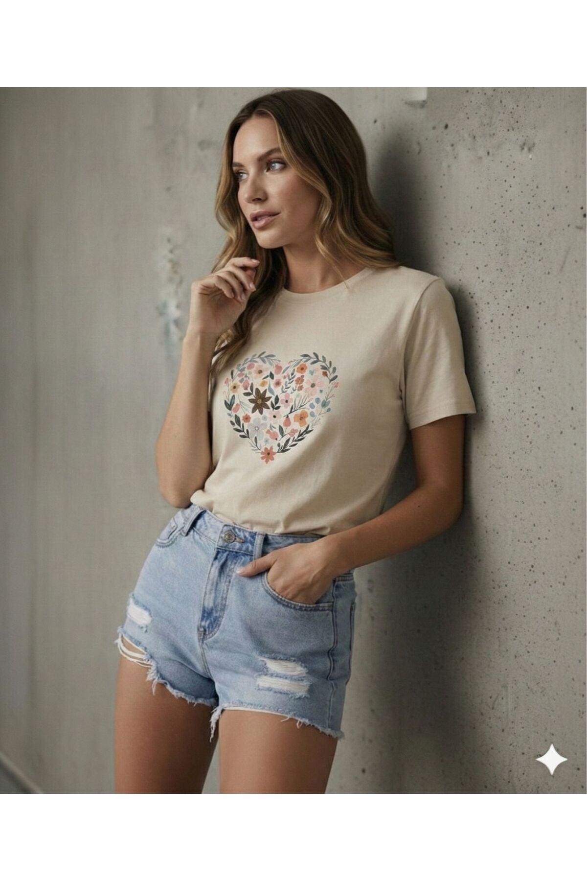 Kalp ve Laleler Baskılı Kadın Bisiklet Yaka Tshirt