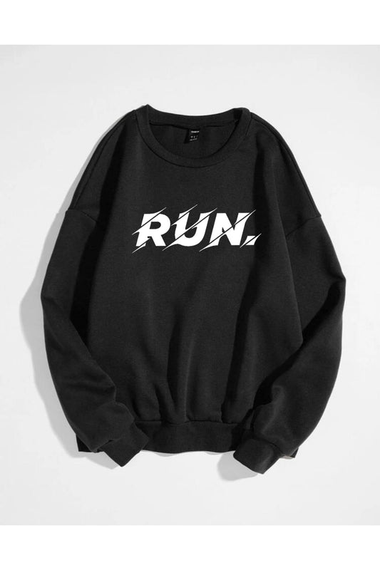 Run Baskılı Bisiklet Yaka Pamuklu Sweatshirt