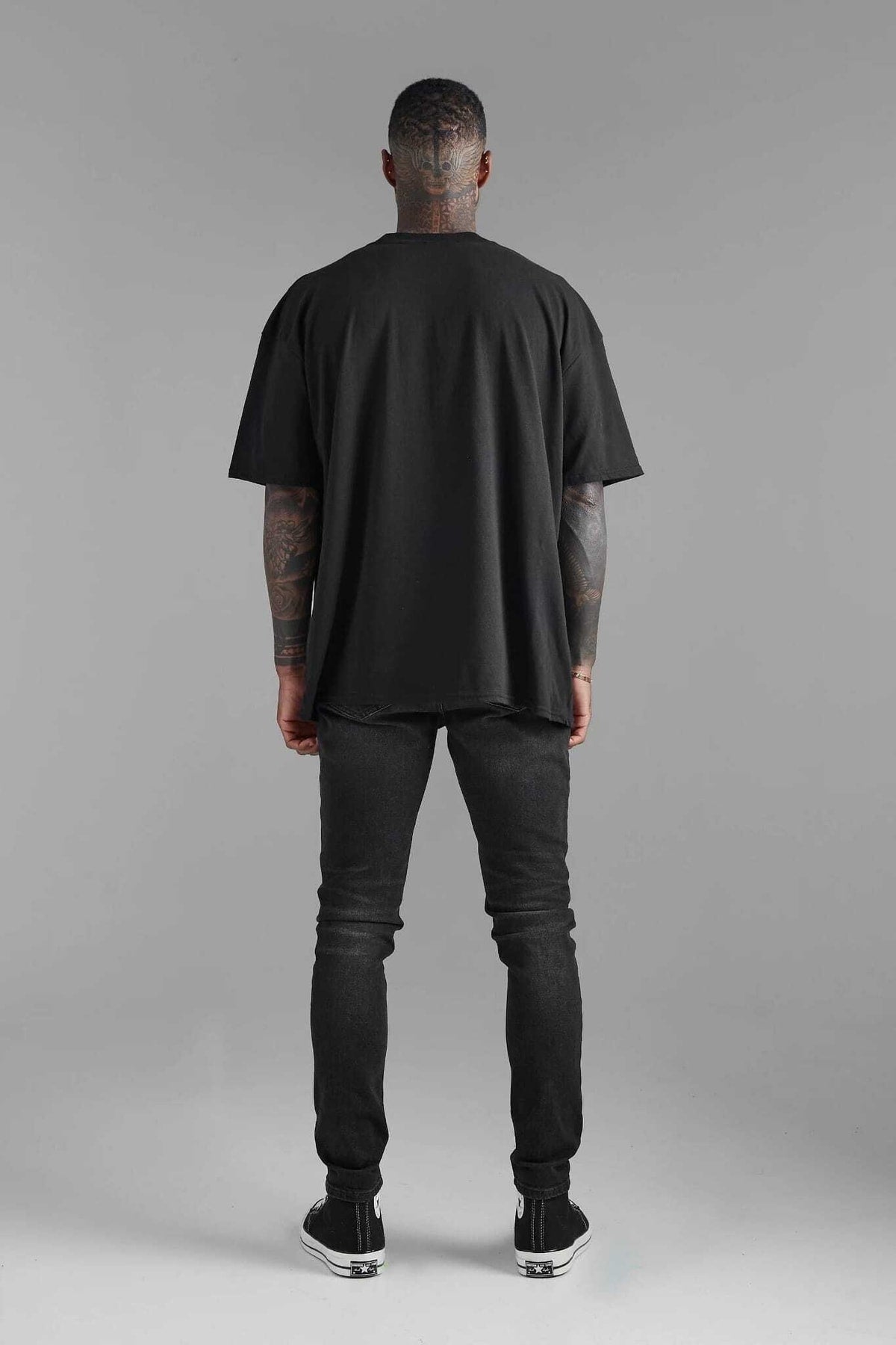 Man Oversize Unisex Bisiklet Yaka Siyah Tshirt
