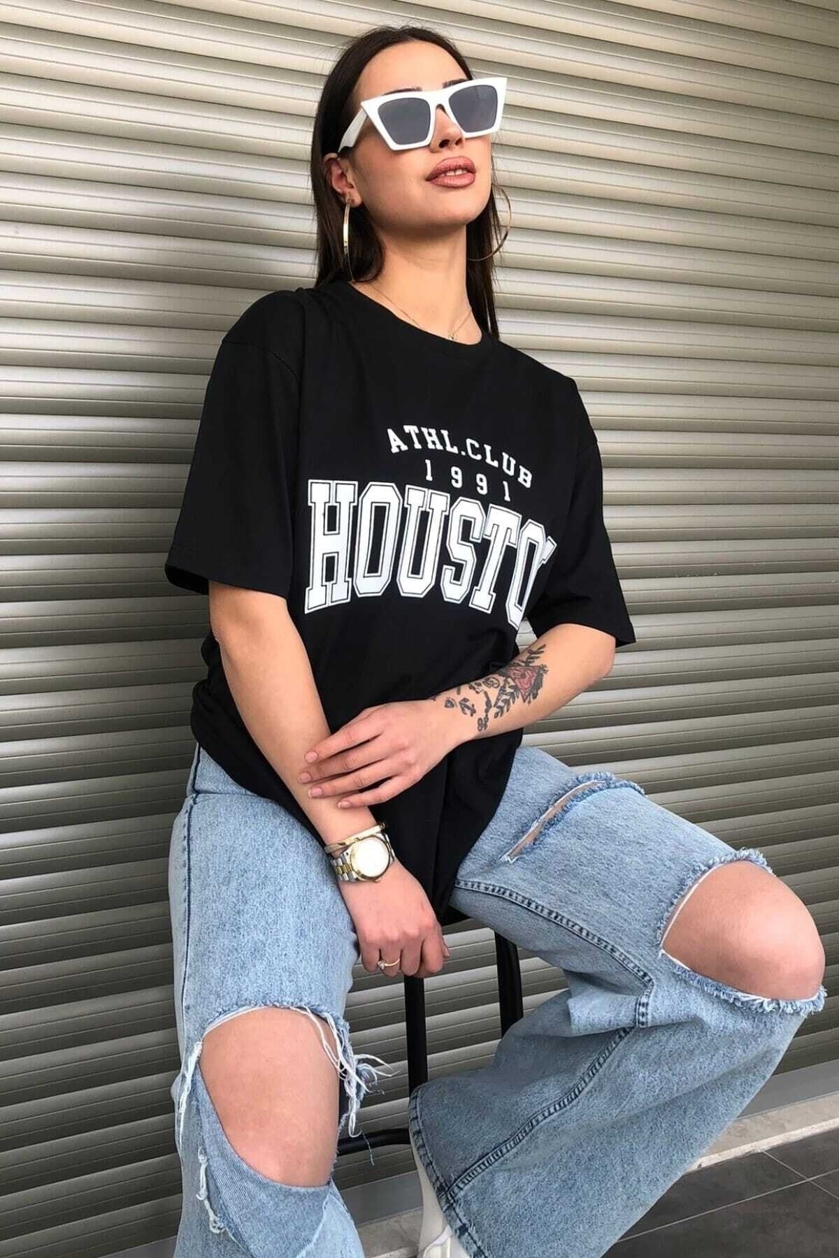 Houston 1991 Baskılı Oversize ( Geniş Kalıp ) Bisiklet Yaka Pamuk Spor Tshirt