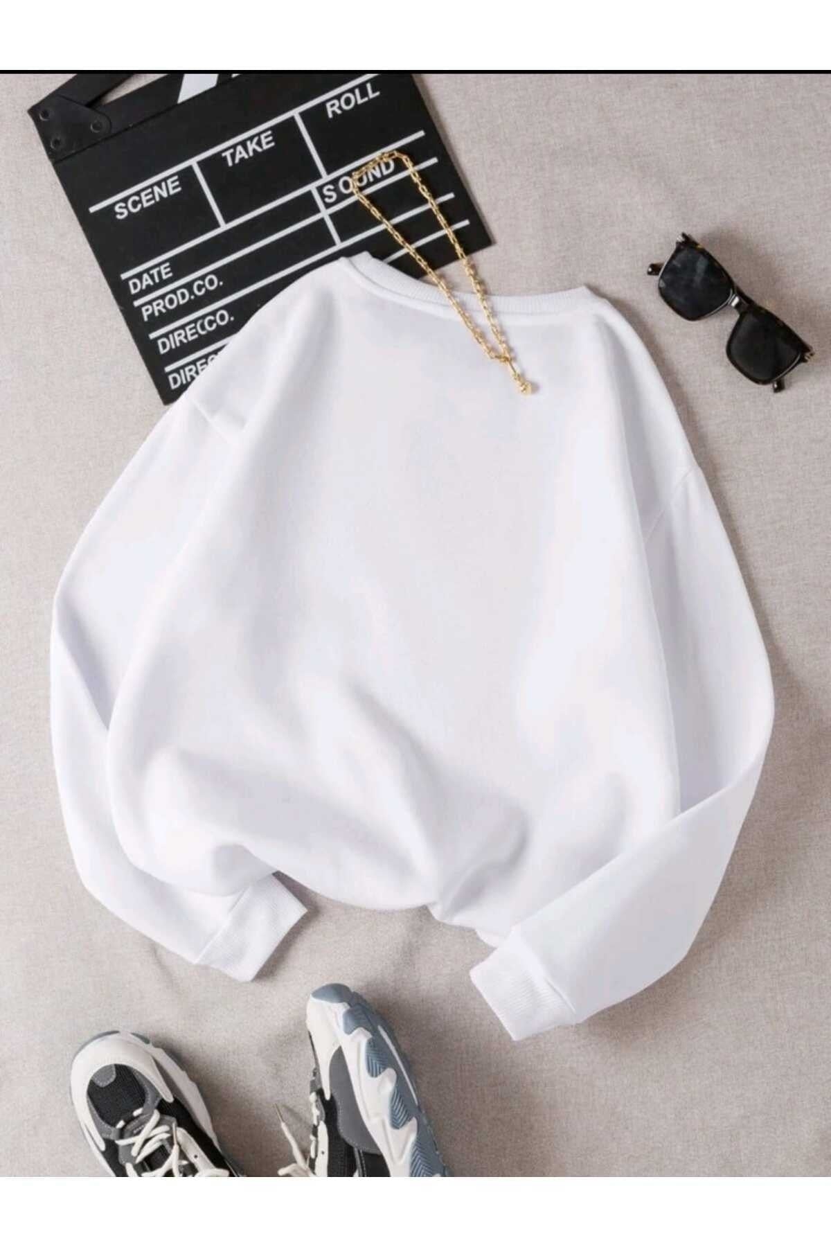 Happy Papatya Baskılı Bisiklet Yaka Unisex Sweatshirt