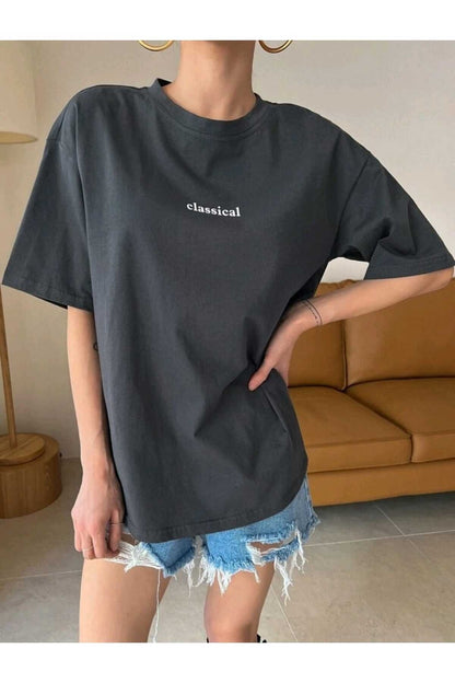 Classical Baskılı Bisiklet Yaka Pamuklu T-Shirt