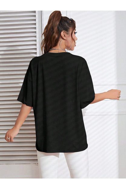 Siyah Minimal Kalp Baskılı Oversize Bisiklet Yaka Pamuk Tshirt
