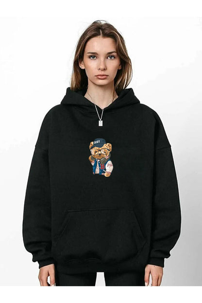 Baskılı Siyah Normal Kalıp Sweatshirt Teddy Cool
