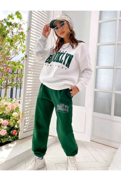 Brooklyn Baskılı Alt Üst Takım Pamuklu Spor Bisiklet Yaka Sweatshirt Ve Lastikli Eşofman Altı