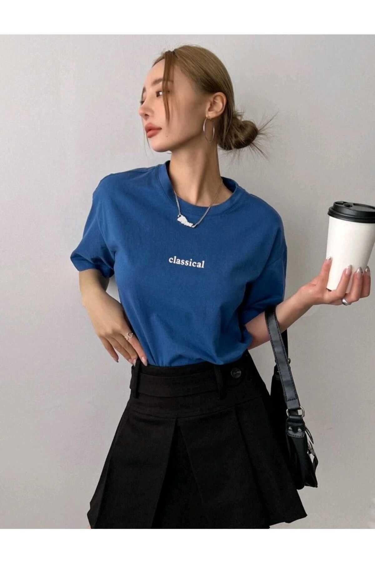Classical Baskılı Bisiklet Yaka Pamuklu T-Shirt