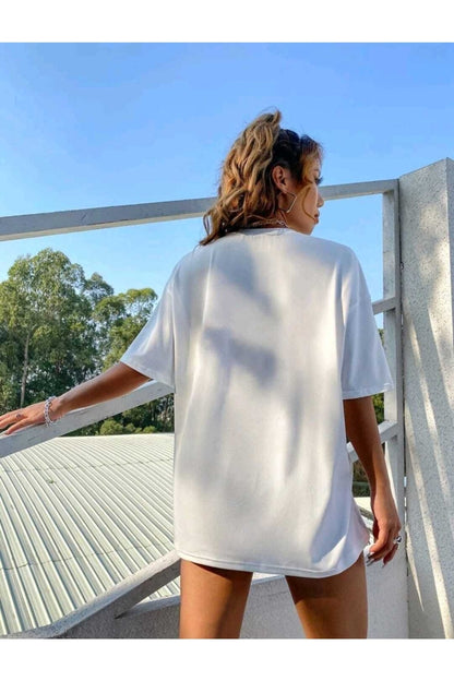 Summer Baskılı Oversize ( Geniş Kalıp ) Bisiklet Yaka Pamuk T-shirt