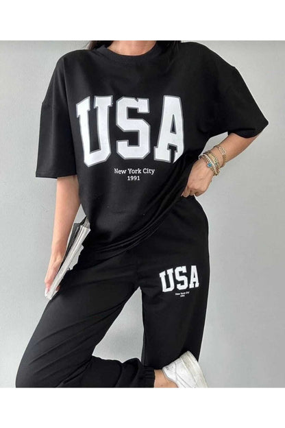 Kadın Usa Baskılı Kısa Kollu T-shirt Eşofman Takımı