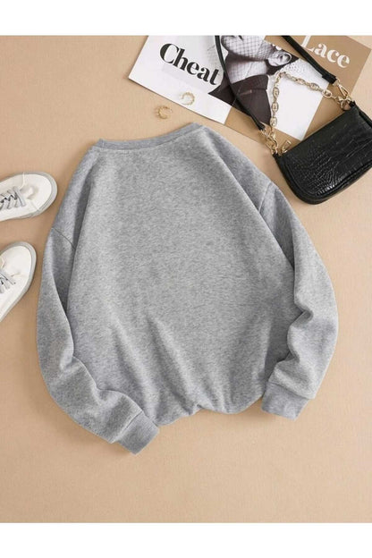 Happy Papatya Baskılı Bisiklet Yaka Unisex Sweatshirt