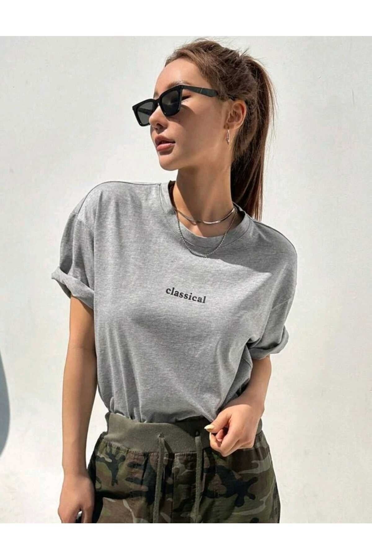 Classical Baskılı Bisiklet Yaka Pamuklu T-Shirt