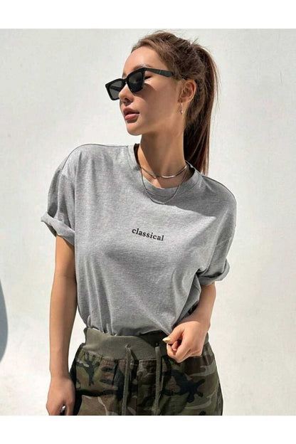 Classical Baskılı Bisiklet Yaka Pamuklu T-Shirt