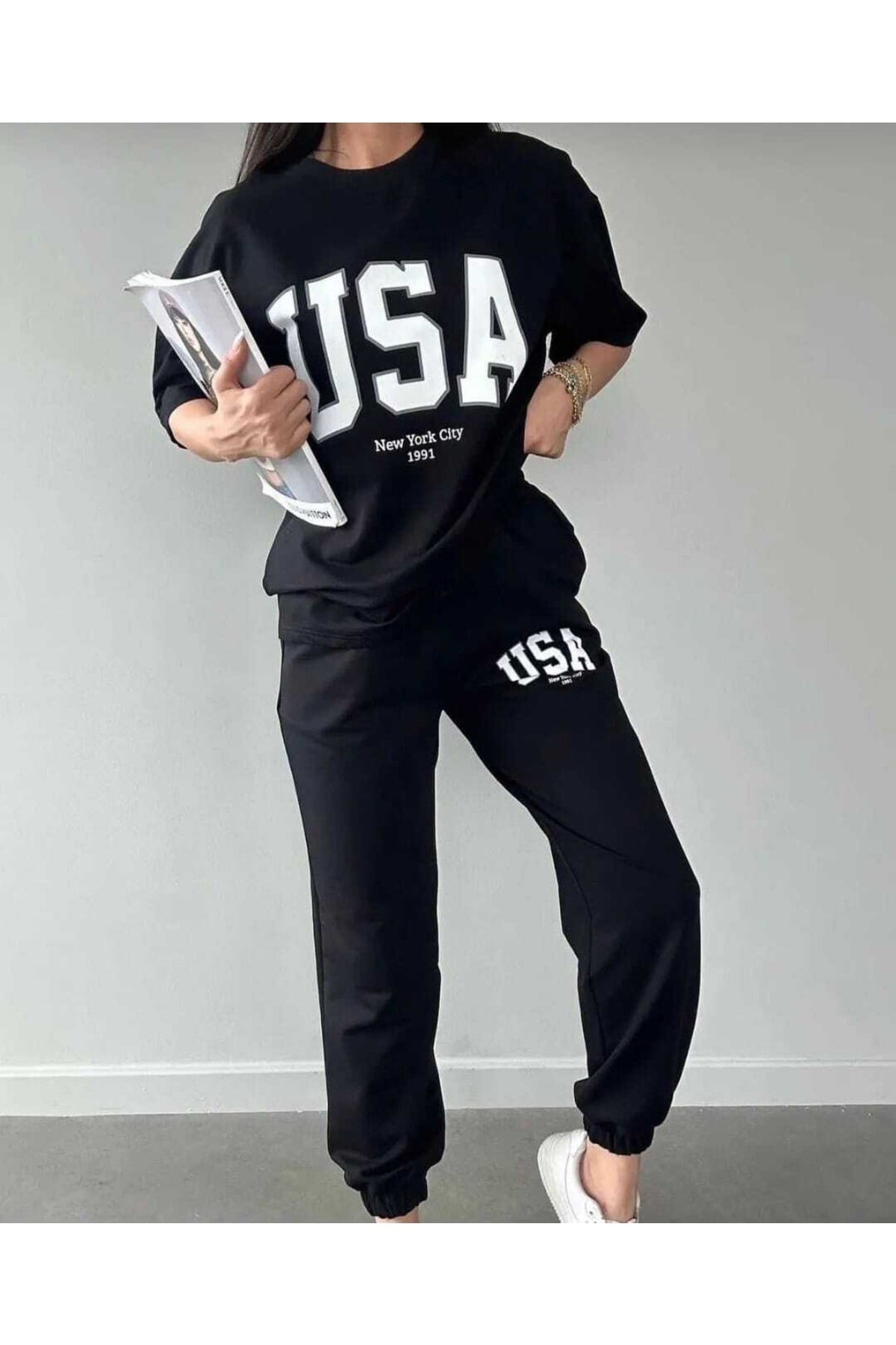 Kadın Usa Baskılı Kısa Kollu T-shirt Eşofman Takımı
