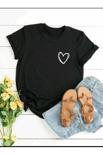Siyah Minimal Kalp Baskılı Oversize Bisiklet Yaka Pamuk Tshirt