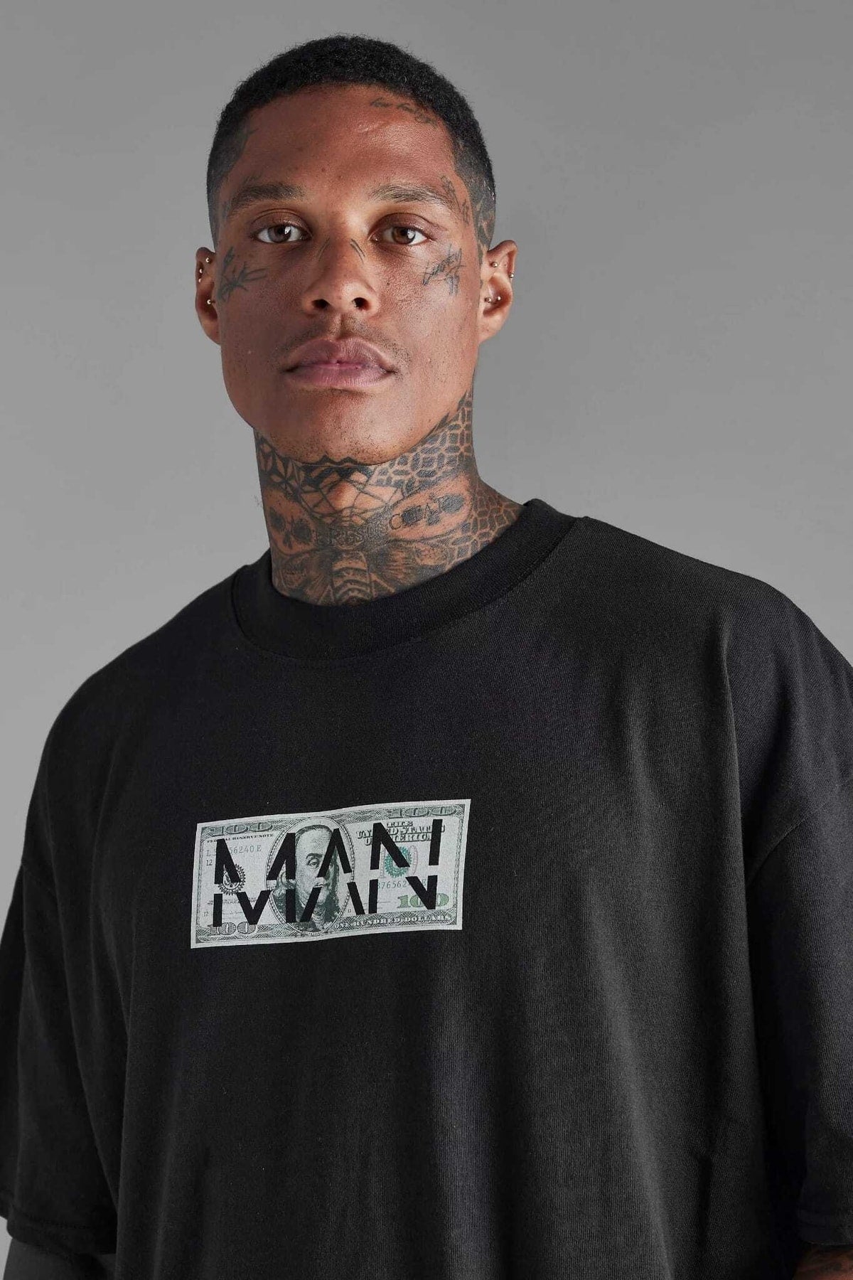 Man Oversize Unisex Bisiklet Yaka Siyah Tshirt