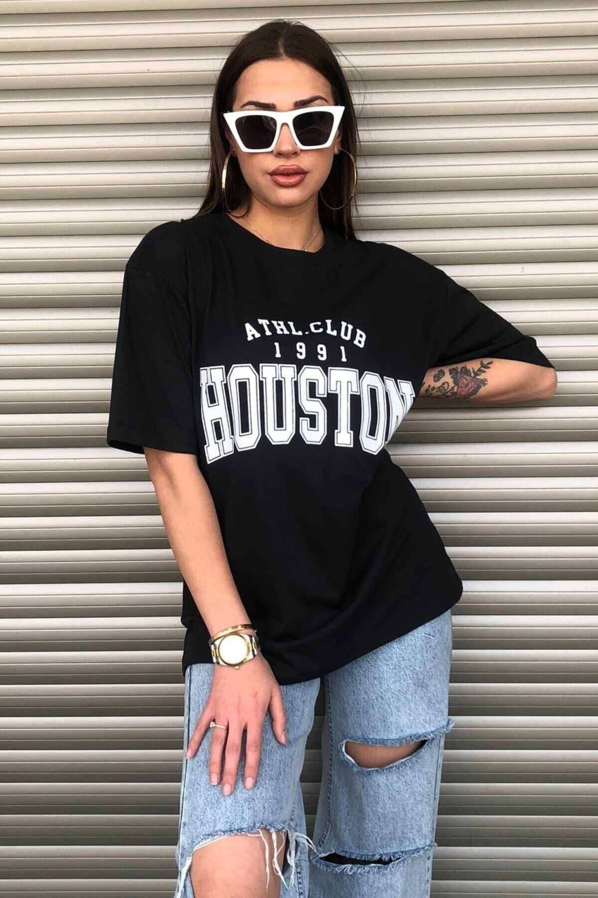 Houston 1991 Baskılı Oversize ( Geniş Kalıp ) Bisiklet Yaka Pamuk Spor Tshirt