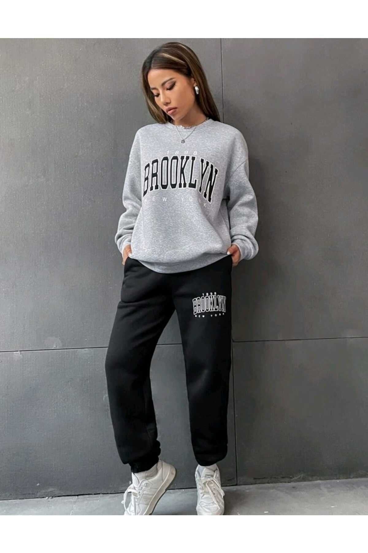 Brooklyn Baskılı Alt Üst Takım Pamuklu Spor Bisiklet Yaka Sweatshirt Ve Lastikli Eşofman Altı