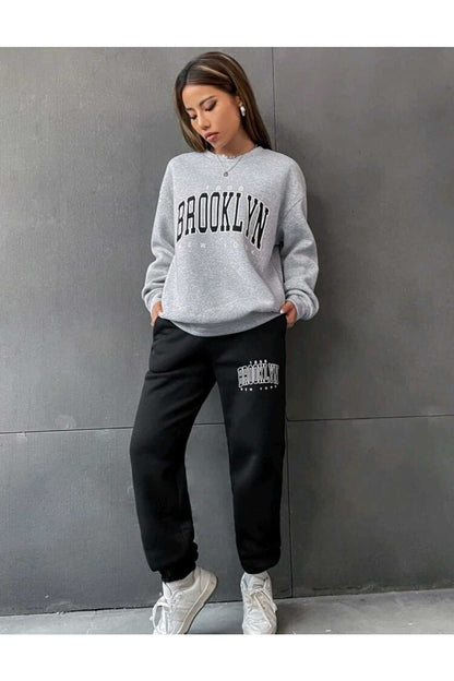 Brooklyn Baskılı Alt Üst Takım Pamuklu Spor Bisiklet Yaka Sweatshirt Ve Lastikli Eşofman Altı