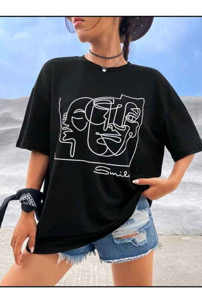 Lıne Face Baskılı Oversize ( Geniş Kalıp ) Bisiklet Yaka Pamuklu Tshirt