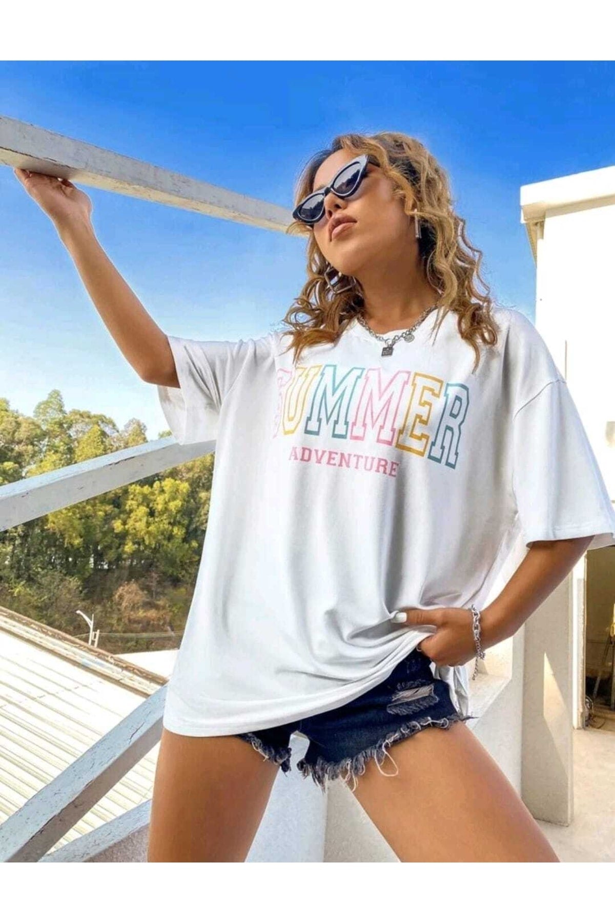 Summer Baskılı Oversize ( Geniş Kalıp ) Bisiklet Yaka Pamuk T-shirt