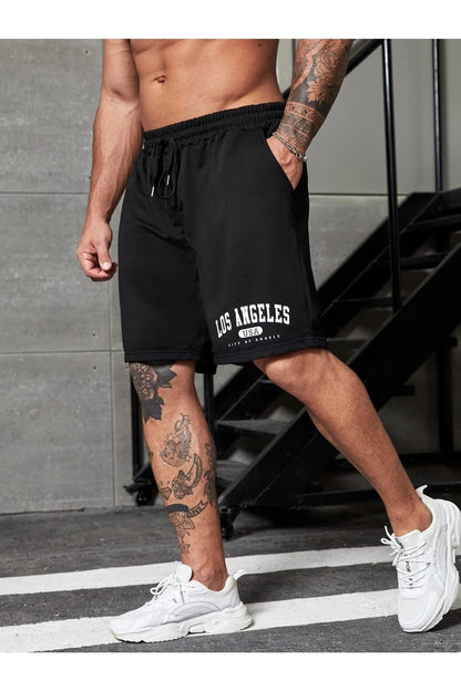 Unisex Siyah Los Angeles Baskılı Spor Şort