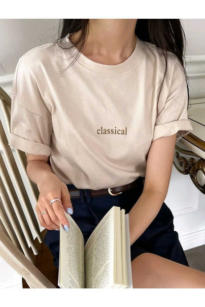 Classical Baskılı Bisiklet Yaka Pamuklu T-Shirt