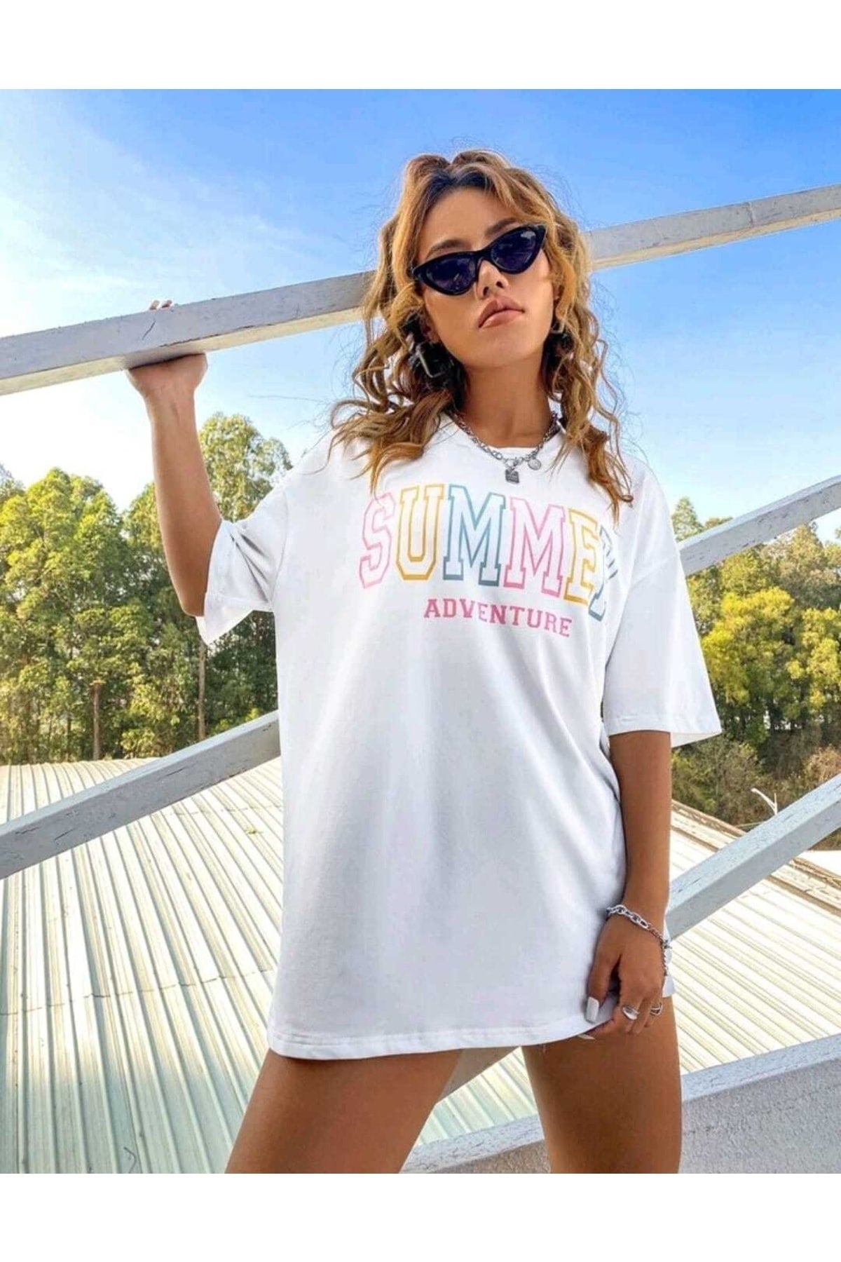 Summer Baskılı Oversize ( Geniş Kalıp ) Bisiklet Yaka Pamuk T-shirt