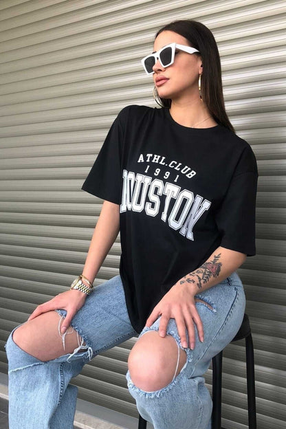 Houston 1991 Baskılı Oversize ( Geniş Kalıp ) Bisiklet Yaka Pamuk Spor Tshirt