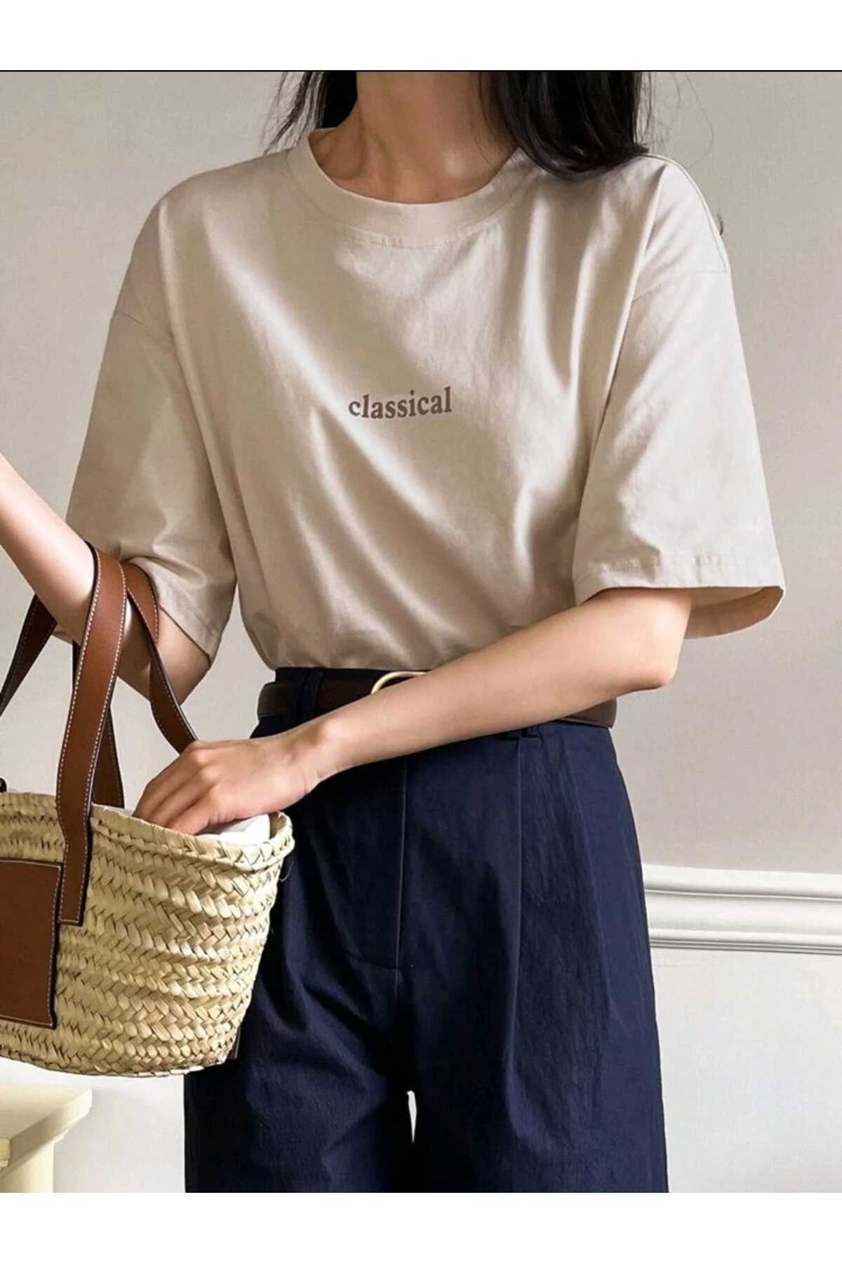 Classical Baskılı Bisiklet Yaka Pamuklu T-Shirt