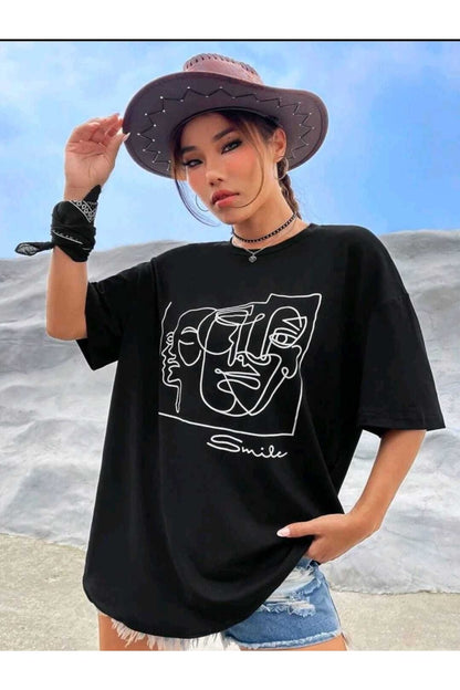 Lıne Face Baskılı Oversize ( Geniş Kalıp ) Bisiklet Yaka Pamuklu Tshirt