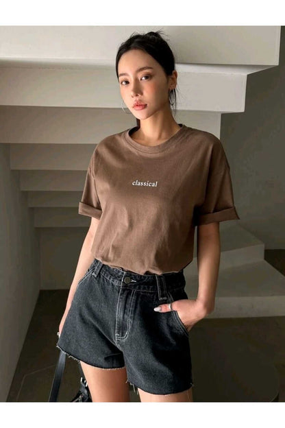Classical Baskılı Bisiklet Yaka Pamuklu T-Shirt