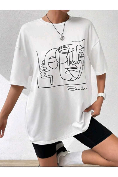 Lıne Face Baskılı Oversize ( Geniş Kalıp ) Bisiklet Yaka Pamuklu Tshirt